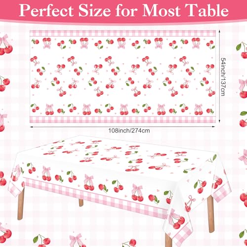 Image of Ganeen 3 Pcs Pink Bow Cherry Tablecloths Cherry Birthday Decorations Disposable Plastic Bow Rectangle Table Cover Waterproof for Birthday Baby Shower Mother's Day Wedding Party Supplies, 54 x 108 Inch
