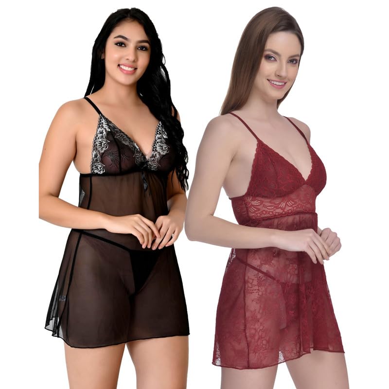 Image of Love Maker Soft Spandex Net Women Babydoll Honeymoon Nightwears Combo Small to 3XL