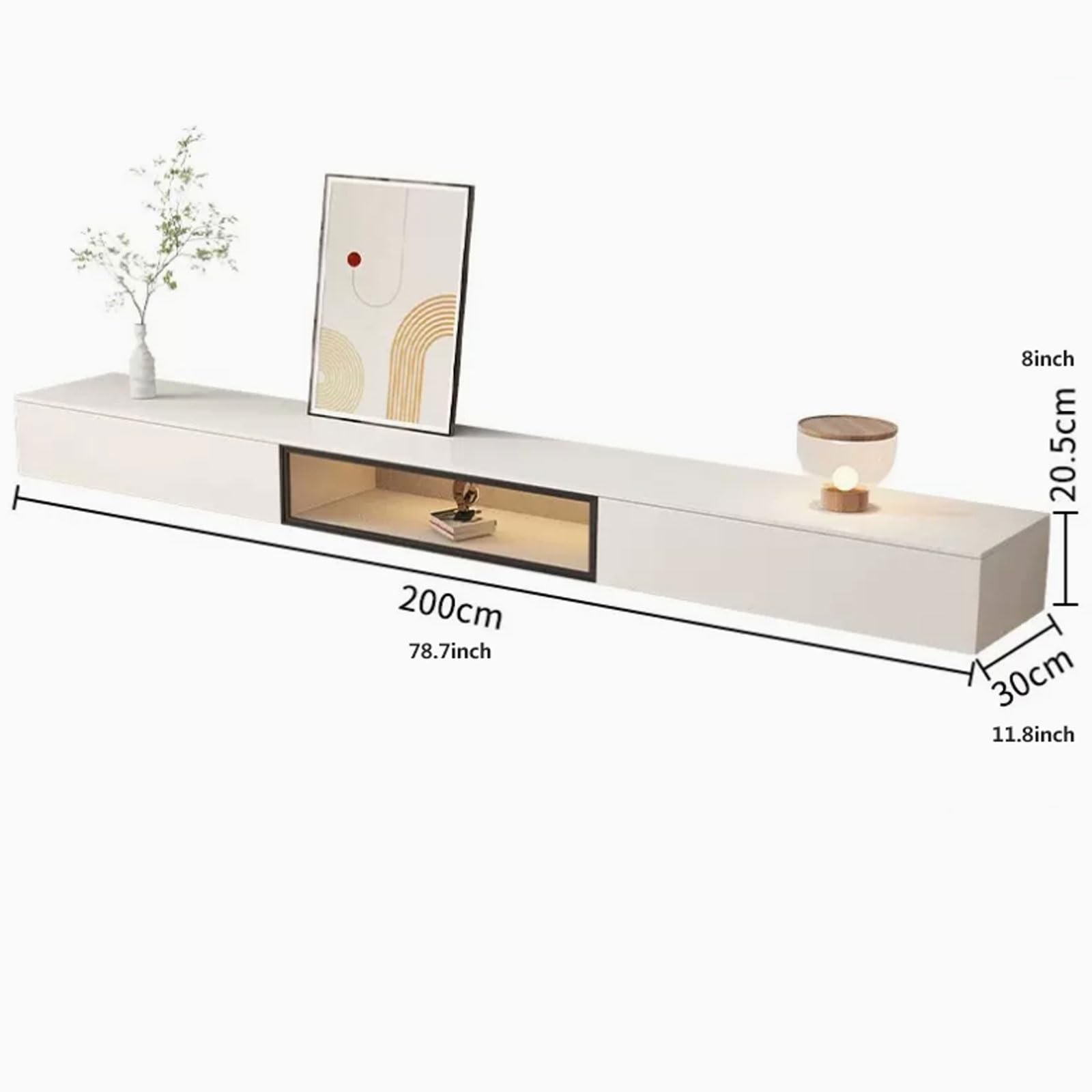 Modulo TV Soporte flotante simple y moderno for TV montado en la pared con puerta abatible de vidrio y cajones, centro de entretenimiento moderno de alto brillo de 78,7 ''/86,6 '' for debajo del telev