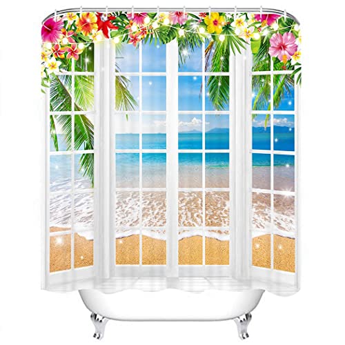 Cyrekud 72" X 72" Summer Ocean Beach Shower Curtain Tropical Palm Tree Beach Bathroom Set Summer Island Seaside Through White Wooden Windows Bath Decor Durable Fabric Machine Washable With 12 Hooks #TOP24