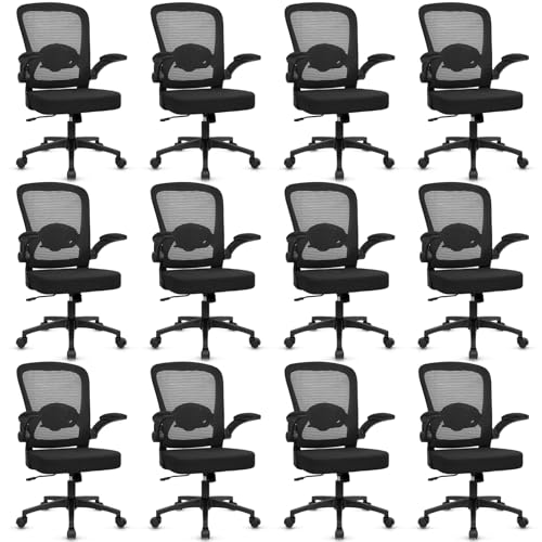 Image of KLASIKA Desk Chairs with Wheels, Ergonomic Mesh Back Home Office Chair Adjustable Lumbar Support & Height Swivel Rolling Computer Task Chairs with Flip Up Armrests for Conference Meeting, Black, 12PK