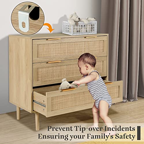 HOPUBUY 3 Drawer Dresser for Bedroom, Rattan Modern Closet Dressers Chest of Drawers, Wood Oak Storage Chest for Kids Bedroom, Hallway, Living Room - Image 5