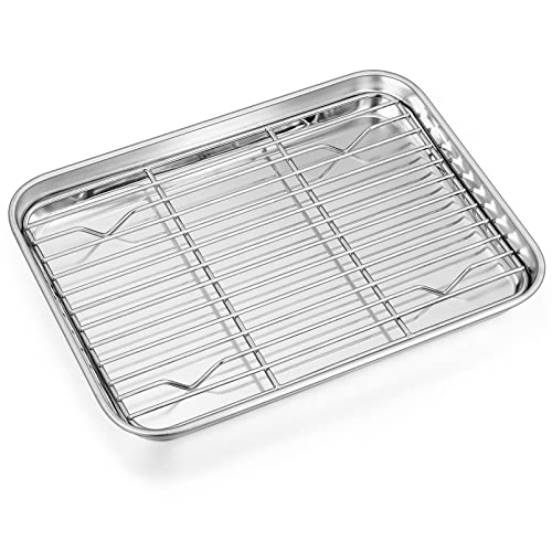 P&P CHEF 9 Inch Baking Sheet Pan with Rack Set, Stainless Steel Cookie Sheet Pan Tray with Cooling Rack for Oven Use, Cooking Roasting, Non Toxic & Dishwasher Safe, Heavy Duty