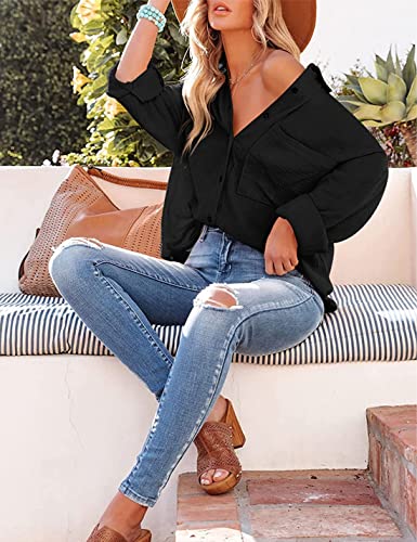 Mingzhu Womens Oversized Button Down Blouse Top Collared Long Sleeve Gauze Shirts3