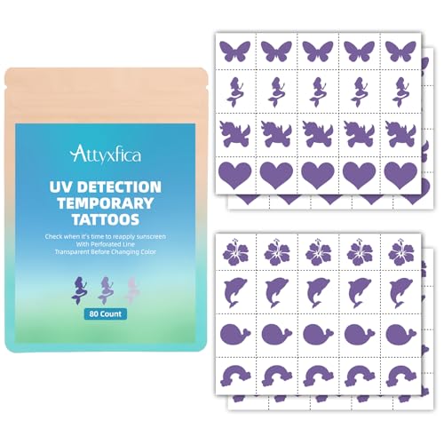 80 Count UV Temporary Tattoos Stickers for Sunscreen - UV Detection Tattoos Stickers Sun Protection Reminder Know When to re-Apply Sunscreen Transparent before Color Change 8 Pattern Types