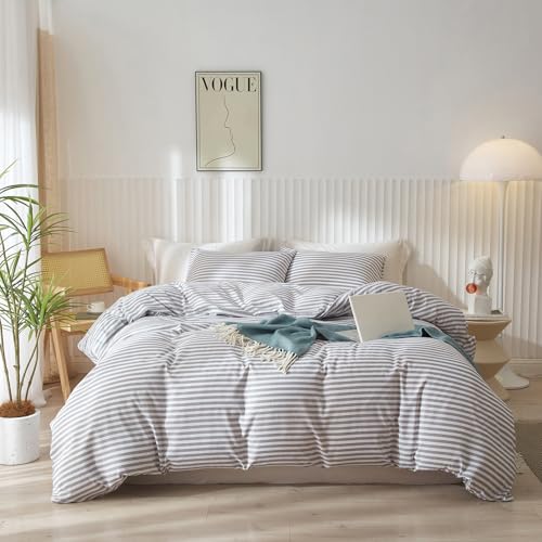 Image of King Size Comforter Set 3 Pieces Striped Comforter Set King Modern Style Boho Bedding Comforter White Grey Stripes Pattern Comforter Set Fluffy Lightweight Farmhouse Bed Comforter for All Season