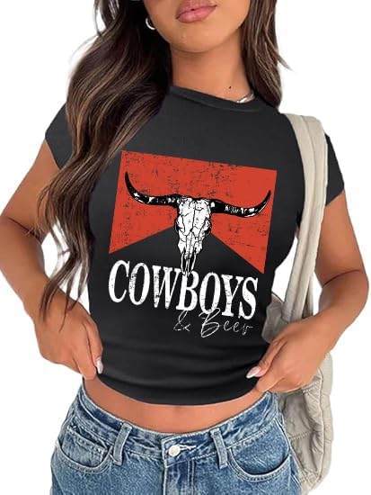 Tewmeu Cowgirl Outfits for Women Crop Tops for Teen Girl Y2k Clothes Cowboy Country Concert Graphic Tee Tops