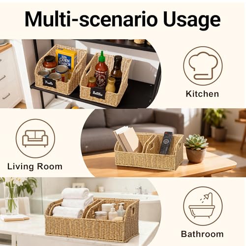 Image of Brownlily Wicker Pantry Storage Baskets with Chalkboard,Handwoven Baskets for Organizing with Built-in Handles, All-Purpose Storage Baskets for Shelves, Laundry Room, Natural - Single Set (3-Piece)