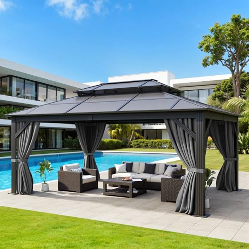 DWVO 12x16FT Outdoor Polycarbonate Gazebo Double Roof Canopy with Metal Frame Garden Tent with Netting and Shaded Curtains Canopy for Patio Backyard Deck and Lawns Gray