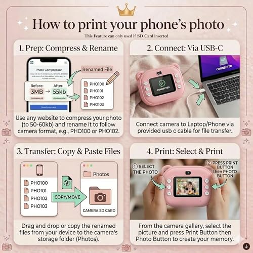 Image of Camlet Instant Print Camera 48MP | Photo & Video, Creative Game for Kids Mini LED Digital 1080P HD Display | Long Lasting Battery Life, Ideal Gift for Birthday, Boys & Girls (8 GB SD Card + 4 Rolls)