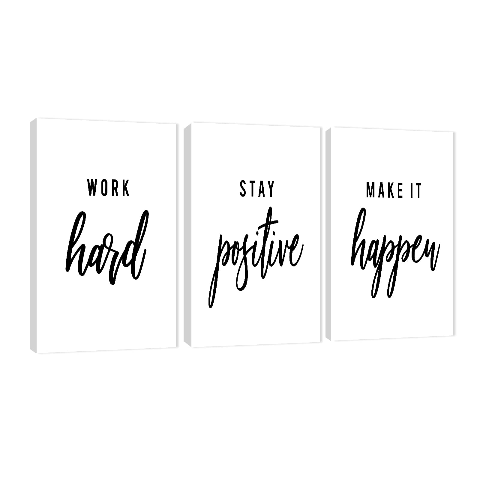3 Piece Inspirational Wall Art, White Motivational Mindset Picture, Quote "Work Stay Make It" Canvas Print for Office Decor, Triptych Entrepreneur