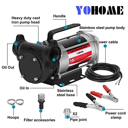 Yohome Gasoline Fuel Pump Dc 12V Heavy-Duty Cast Iron Explosion-Proof Oil Pump, 15Gpm/57Lpm, Overheating Protection, Built-In Bypass, Applicable To Gasoline, Diesel, Kerosene #TOP2