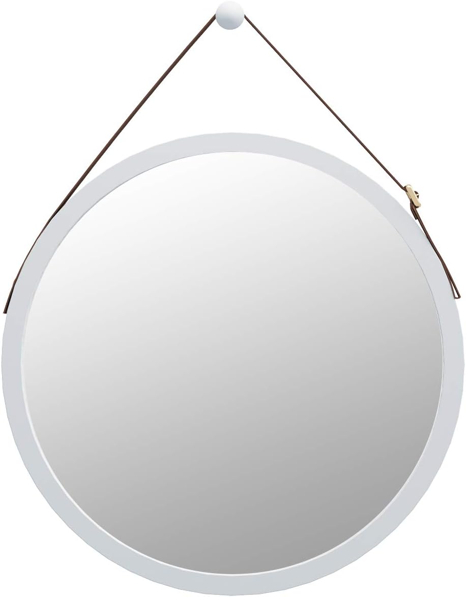 Domax Bathroom Mirror Wall Mount - 18 Inch Bamboo Frame Hanging Strap Round Bedroom Dressing Mirror Hook Offered Natural Rustic (White, 17.72''x17.72''x0.59'')
