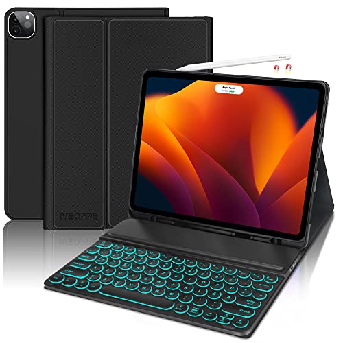 IVEOPPE iPad Pro 12.9 Tastatur, Tastatur Hülle Kompatibel mit iPad Pro 2022/2021/2020/2018,QWERTZ Beleuchtete Abnehmbare Kabellose Tastatur mit Hülle für iPad Pro 6./5./4./3. Generation Cover
