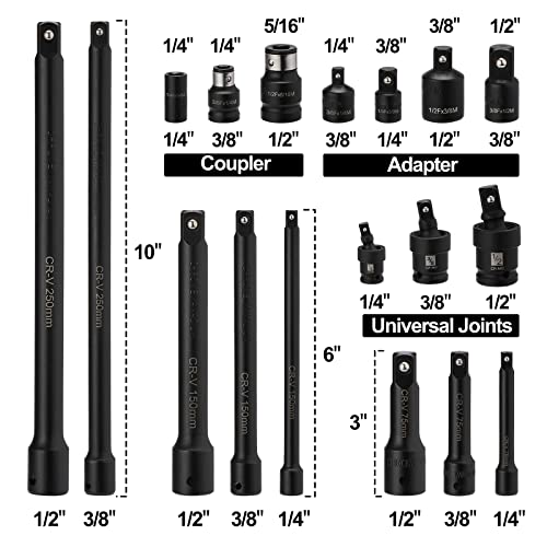 Image of Mayouko 18-Piece Drive Tool Accessory Set, Socket Accessory Set, Includes Socket Adapters, Extensions, Universal Joints and Impact Coupler
