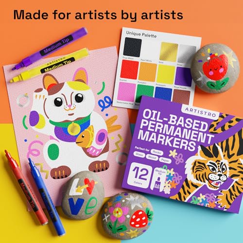 Image of ARTISTRO 12 Oil-Based Permanent Paint Markers - Medium Tip Markers for Tire, Wood, Rock, Fabric, Glass, Ceramic, Metal, Plastic, and More - Quick Dry, Waterproof
