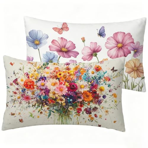Housse coussin exterieur impermeable 40x60 lot de 2 fleurs lin