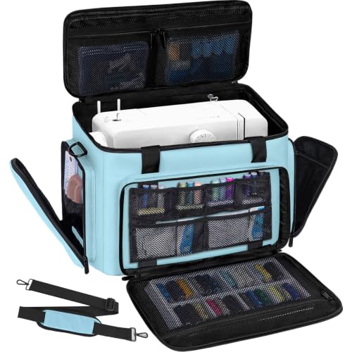 Image of Sewing Machine Carrying Case with Multiple Storage Pockets Large Capacity, Universal Tote Storage Bag Compatible with Most Standard Singer, Brother, Janome, Blue