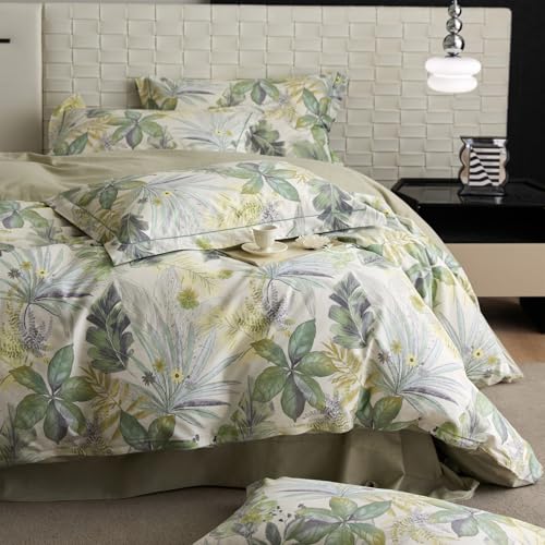 VM VOUGEMARKET Tropical Green Duvet Cover King 100% Brushed Cotton Coastal Leaves Bedding Set 1 Hawaiian Botanical Duvet Cover with 2 Pillow Shams-104x90 Inch