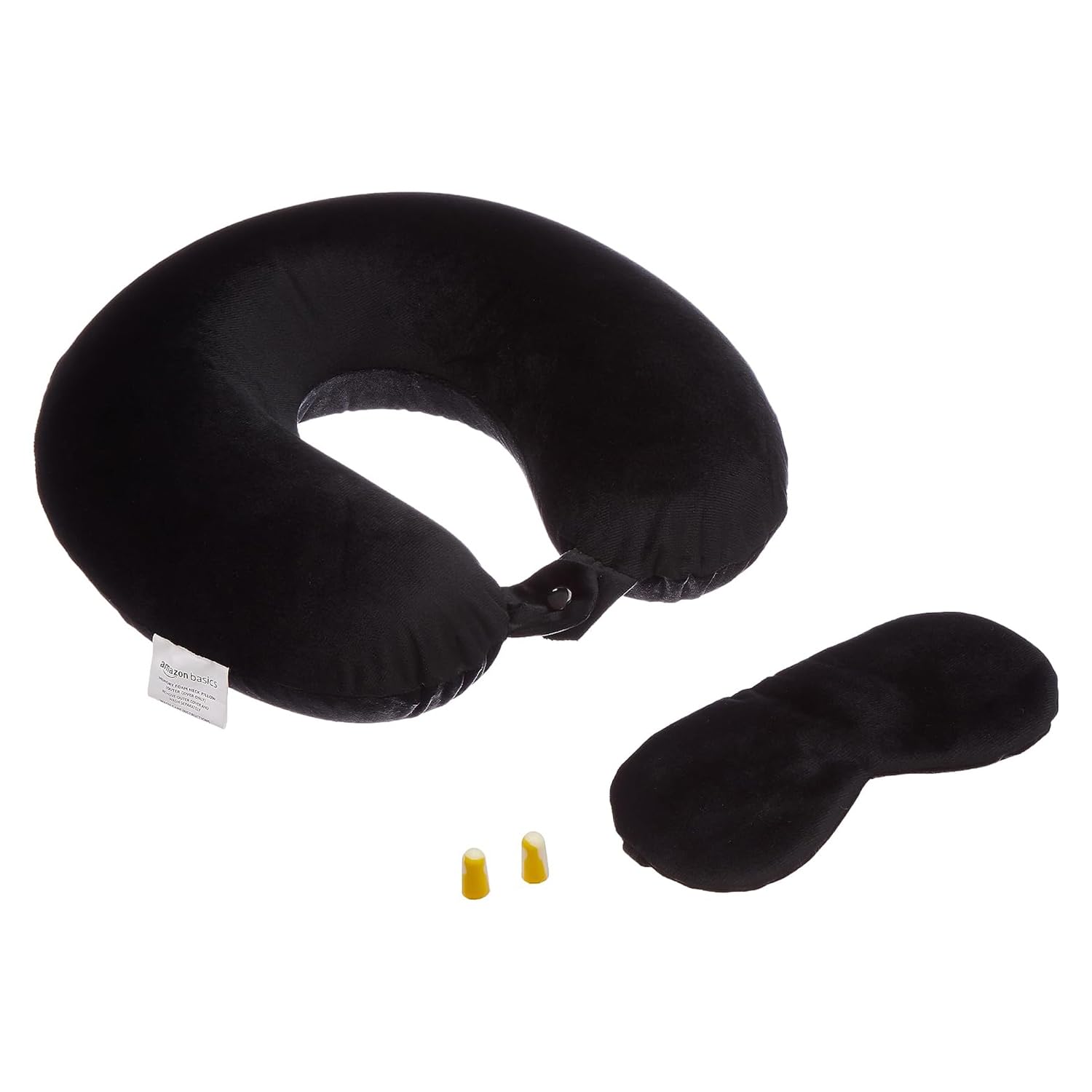 amazon basics Memory Foam Travel Neck Pillow with Eye Mask & Ear Plugs Combo|Ultra Soft Velvet Fabric|Ergonomically Designed for Ultimate Comfort for Air, Car, Train, Bus Travel- Black, Standard Size-image-1