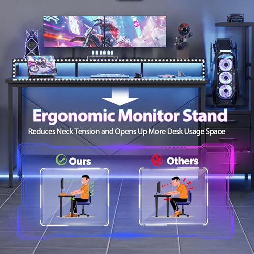Image of Mericonia 60 inch Gaming Desk with Drawers, Reversible Computer Desk, Black | Gamer Desk with LED Lights, Power Outlets & Monitor Stand, Large Office Table for Home Bedroom Study Work Writing