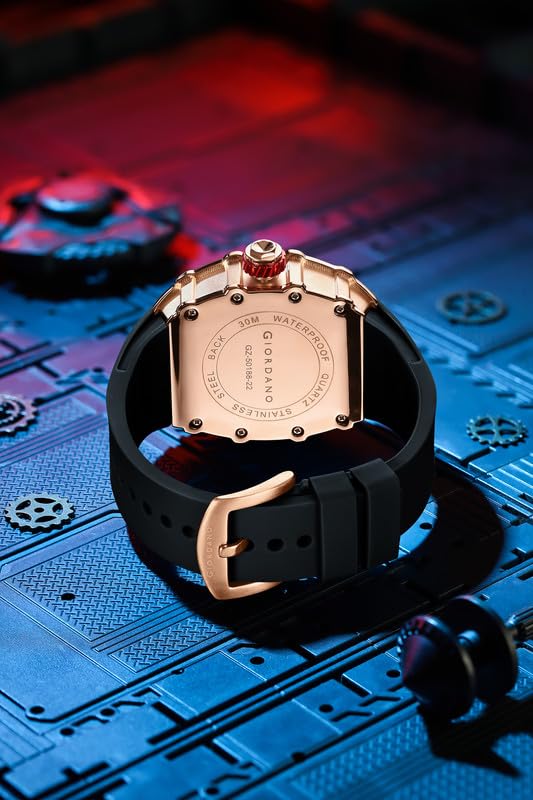Image of Giordano Analog Skeleton Dial Watch for Men - Tonneau Case, Silicone Strap, Open-Gear Sport Design, Quartz Movement
