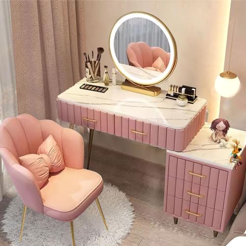 Moderno juego de tocador de maquillaje con espejo táctil, 3 colores regulables, 5 cajones de almacenamiento y silla de pétalos, elegante tocador para niñas y mujeres, decoración de dormitorio
