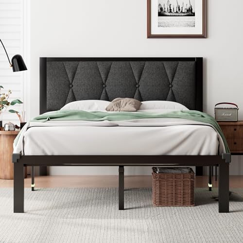 iPormis Queen Metal Platform Bed Frame with Upholstered Headboard, Upgraded Heavy Duty Bed Frame with Steel Slats Support/12 Under Bed Storage, Noise Free, No Box Spring Needed, Dark Gray