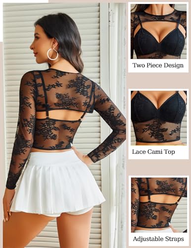 Avidlove Lace Crop Top for Women Long Sleeve Mesh Top 2 Piece Clubwear Sexy Rave Outfits Festival Top2