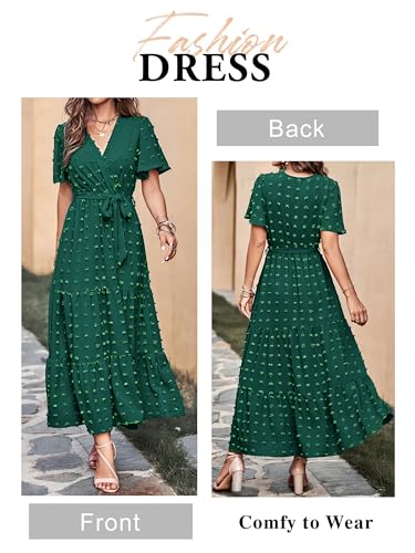 Image of MASCOMODA Women Boho Swiss Dot Maxi Dresses Wrap V Neck Flutter Short Sleeve Solid Tie Waist A Line Tiered Flowy Long Dresses