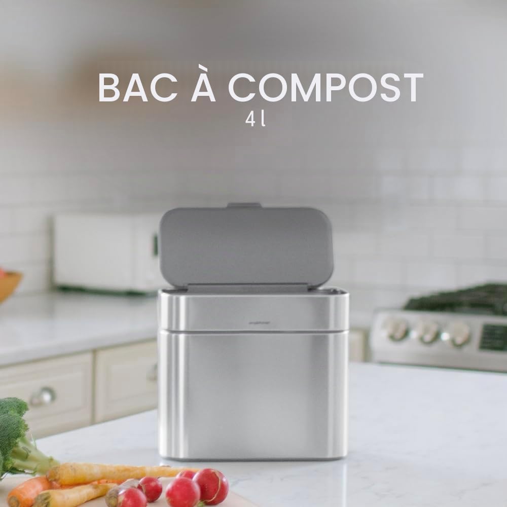 simplehuman Bac à Compost 4 L pour Cuisine, Support Magnétique, Couvercle Aéré Anti-Odeurs, Bac Intérieur Amovible, Sacs Compostables Inclus, Acier Inoxydable Brossé