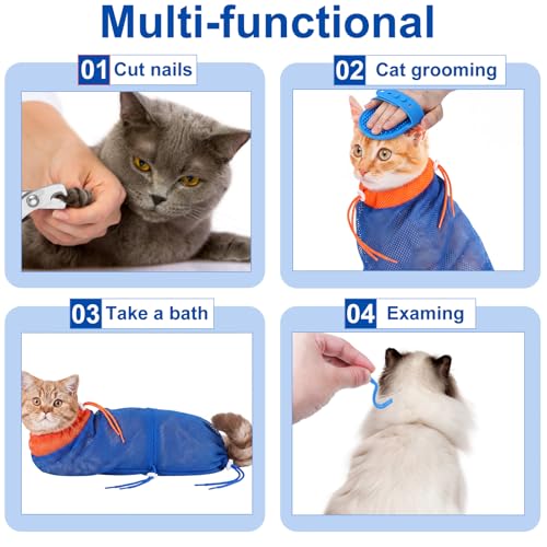 Image of 9 Pcs Cat Bathing Bag Set Cat Shower Bag Anti Bite and Scratch for Pet Grooming Washing Brush Comb Muzzle Nail Clipper Nail File Tick Tool (Navy Blue)