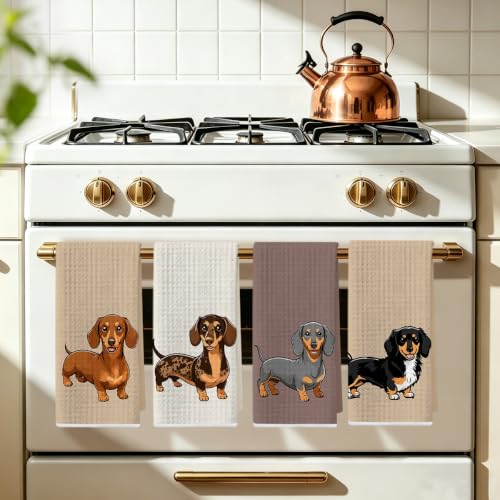 Image of 4 Pcs Dachshund Kitchen Towels, Dachshund Gifts Reusable Dish Towels | Waffle Weave Absorbent Hand Cloth Tea Towel for Kitchen Bathroom Decor, Cute Weiner Dog Gifts for Women Mom Friend 24x14 Inch