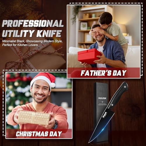 Image of Huusk Japanese Kitchen Utility Knife 5.7in - Titanium Coating Blade Small Kitchen Knife, Sharp Mini Chef Knives for All Purpose, High Carbon Stainless Small Chef Knifes, Gifts Idea for Men