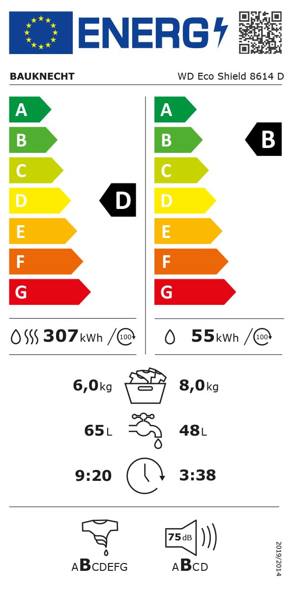 Bauknecht WD Eco Shield 8614 D Waschtrockner, 8 kg Waschen, 6 kg Trocknen, Flecken 40°, Steam Hygiene mit Antivirus, Steam Refresh, Anti-Allergie-Programm, Dynamic Inverter-Motor, Weiß