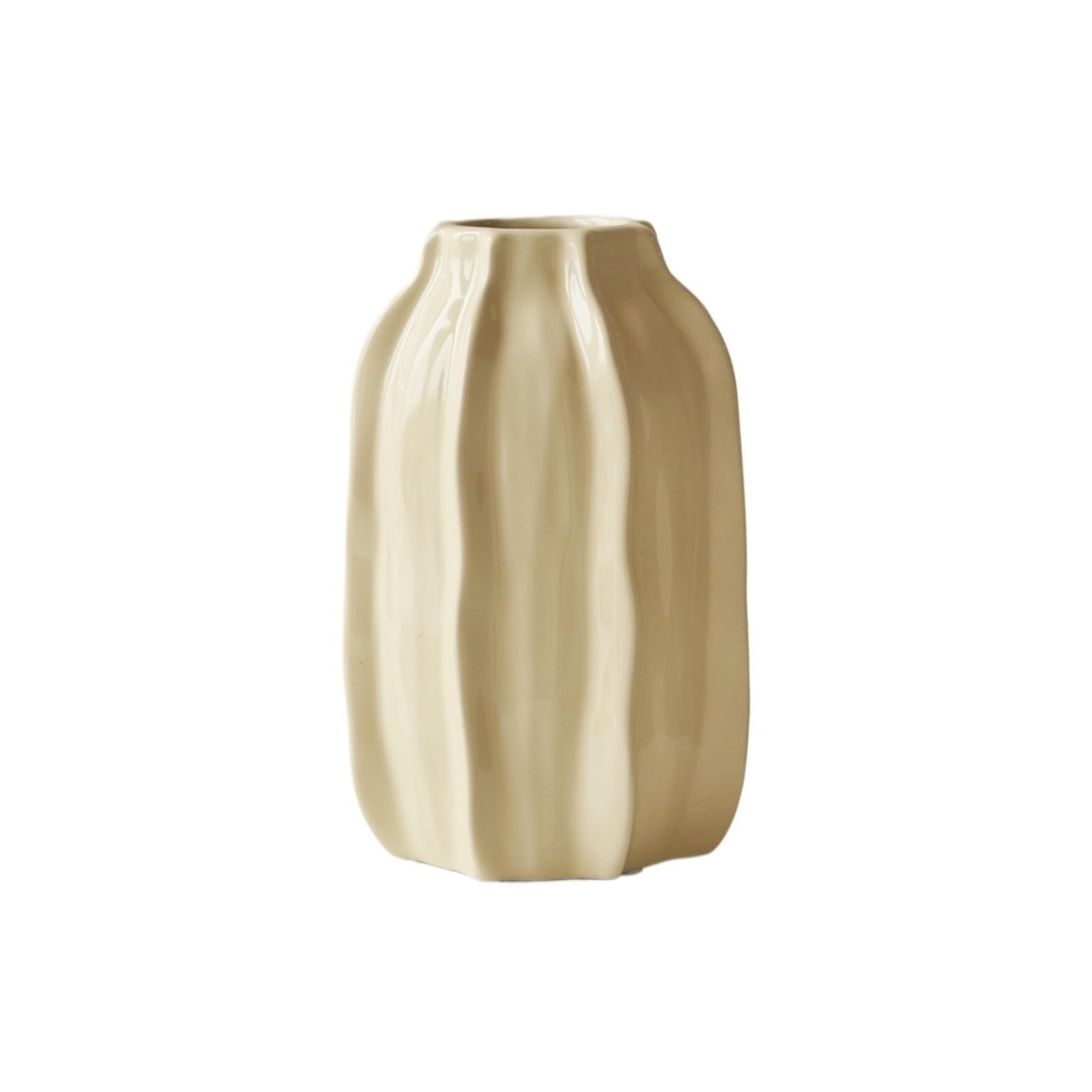 guiling-1986 Vases Decor Cream Beige Fluted Ceramic Vase Glossy Vertical Ribbed Decorative Vessel Flower Vases(Medium)