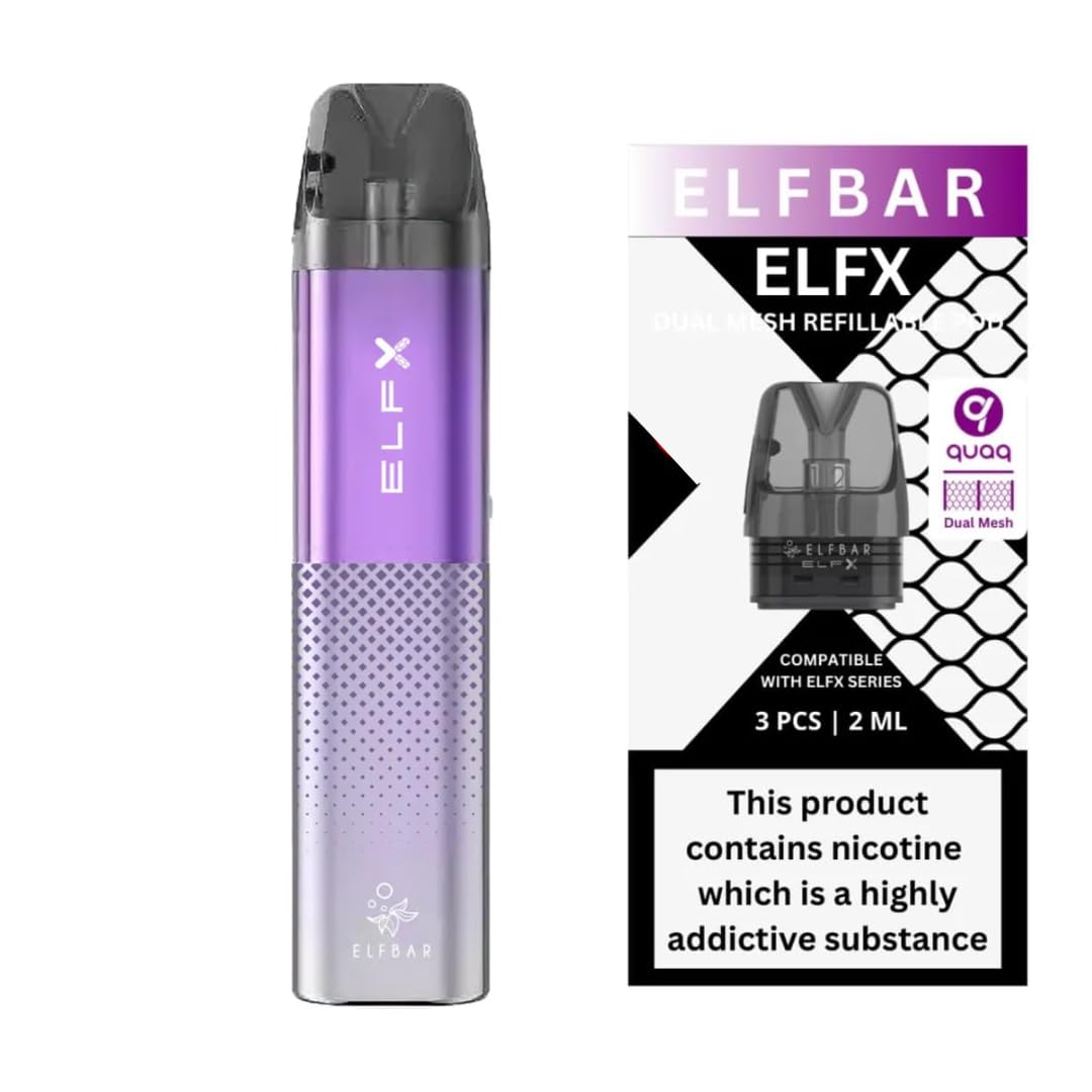 Elf Bar ELFX Pod Kit (Purple) + 3 Pack Elfx Pods - 1000mAh Battery, LED Indicator, Top Fill Design, 30W Maximum Output, Dual Mesh Pod, 2ml Cartridge Capacity, No Nicotine (Purple)
