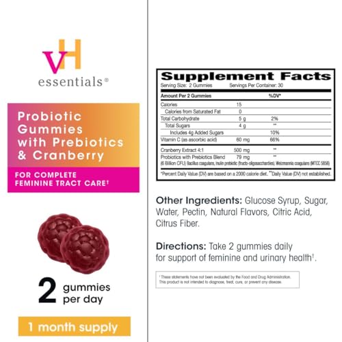 Image of vH Essentials Probiotic Gummies with Prebiotics & Cranberry, Concentrated Extract for Urinary Tract Health, Supports Vaginal Microflora Balance for a Healthy Feminine Tract, 60 Count