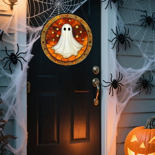 Image of Stained Glass Window Hanging - Halloween Decorations White Ghost Suncatcher for Doors Garden Indoor Spooky Funny Orange Sun Catchers Gothic Decor Horror Gifts for Women Men Friend 9.8 in