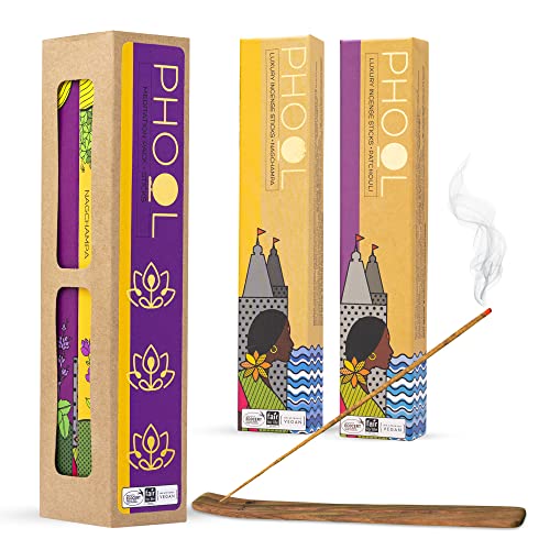 Pack of 2 Natural Incense Sticks,Phool Meditation Pack(80 Organic Incense Sticks |2 Fragrances-Nagchampa & Patchouli) +1 Free Wooden Stand |Handrolled |No Sulpher & Charcoal |100% Organic(500 GMS)