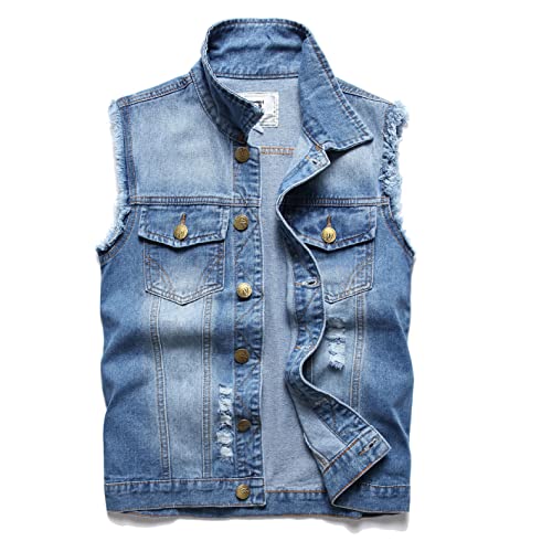 Men's Denim Vest,Sleeveless Jacket Slim Fit Vintage Casual Ripped Summer Jean Vest for Men