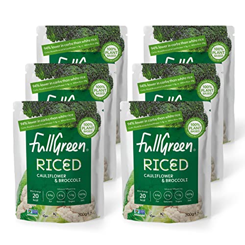 Fullgreen Riced Cauliflower and Broccoli 100% Veg shelf-stable no preservatives vegan keto and 87% lower-carbs than rice! - case of 6x 200g pouches - made in the UK