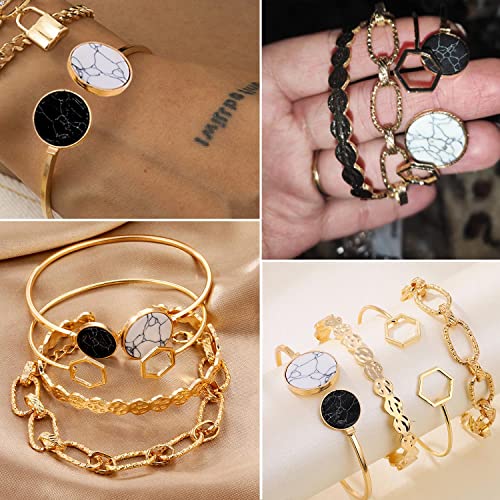 Image of 17IF 18-25 PCS(6 Pack) Boho Gold Silver Stackable Bracelets Set for Women | Chunky Dainty Bangles Adjustable Chain Flat Cuff Cuban Punk Charm Bundle Jewelry