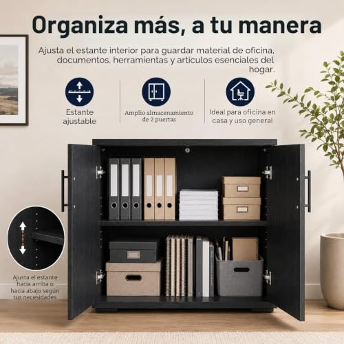 Miniatura 12 de Mmt Furniture Designs Ltd Gabinete De Almacenamiento De Madera Negra Para Oficina, Garaje, Sala De Juegos, Para Archivos, Juguetes, Herramientas, 2 Puertas Con Cerradura, Estante Ajustable
