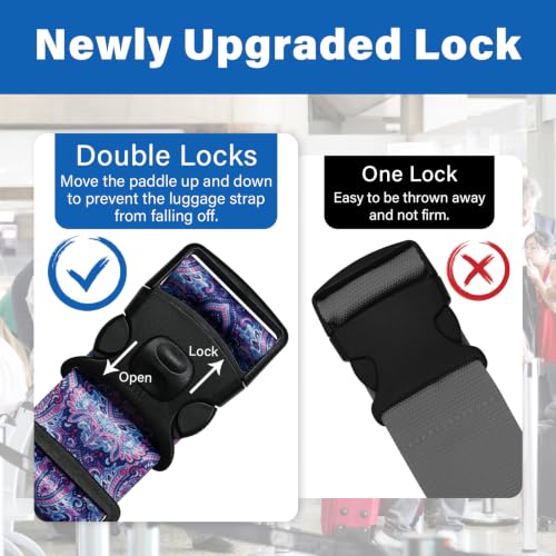 Image of Luggage Straps for Suitcases, Travel Adjustable Belt with Quick Release Buckle, Heavy Duty Nylon Bag Packing Strap, Unique Bright Identifiers Business Travel Accessories (2 Pack) - Purple Print