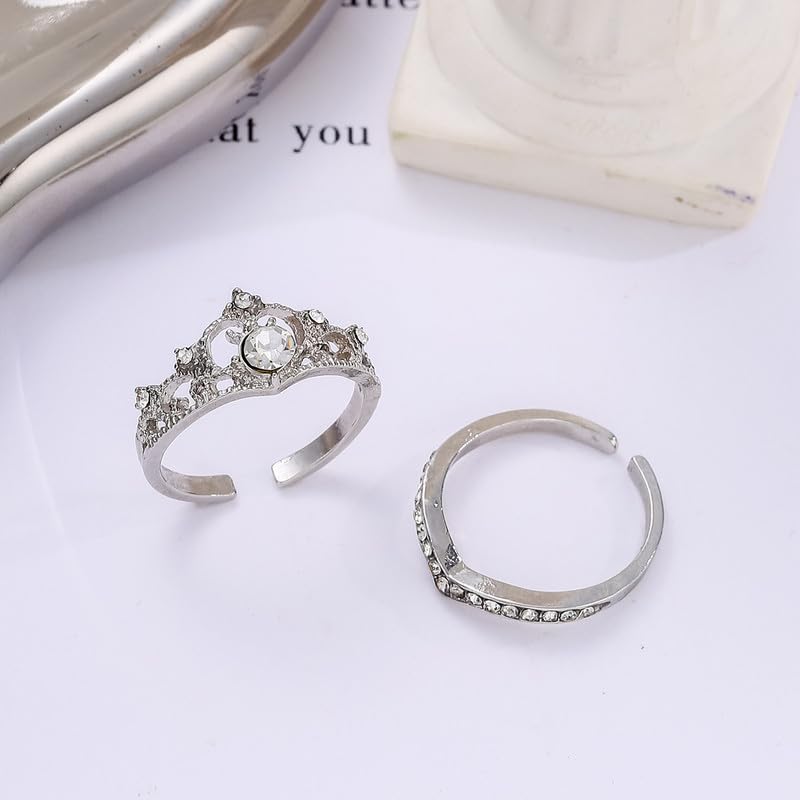 2Pcs Luxury Crown Cubic Zirconia Open Ring Set For Women Wedding Ring Couple Adjustable Silver Finger Ring Sparkly Fashion Jewelry Gift2