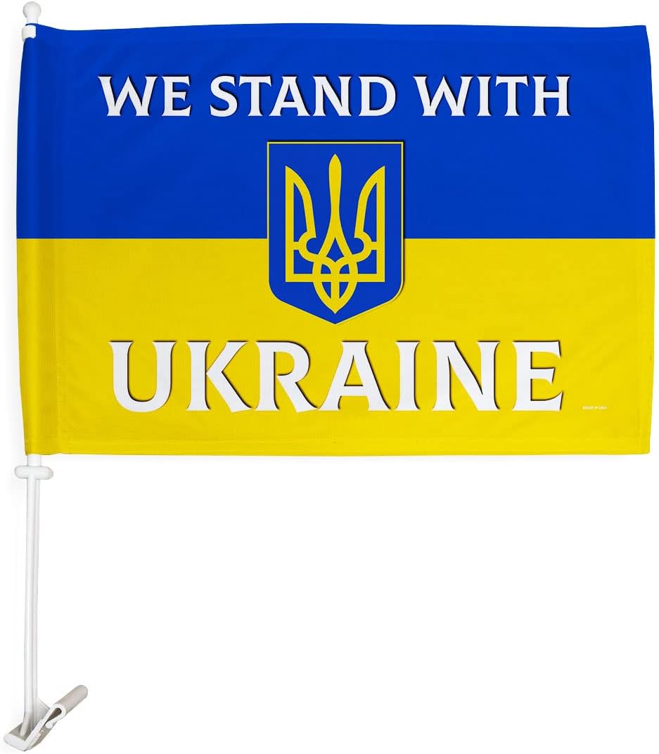 Stand With Ukraine Car Flag Support Stand with Ukrainian Bandera de Ucrania Para Carros Auto Decorations Small Banner For Window Clip Pole House Decoration Banner Garden Yard Gift Made In USA