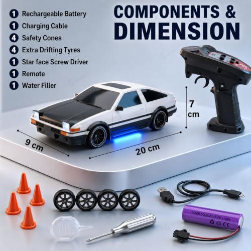 Image of GRAPHENE White RC Drift Smoke Remote Control Car Toy for Boys Kids Adults 1:24 Scale 4WD with USB Charger Racing Drifting Tyres High Speed Model Vehicle LED Lights Crawlers Stunt Car 4+Years