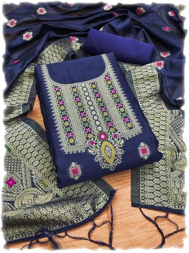 Image of Chanderi Suit Vol 5 | Pure Chanderi Banarasi Silk (3m) | Soft Cotton Bottom (2.5m) | Woven Chanderi Banarasi Silk Dupatta (2.3m) with Tassels, Unstitched Material, Fits up to 60 inch, Length 48