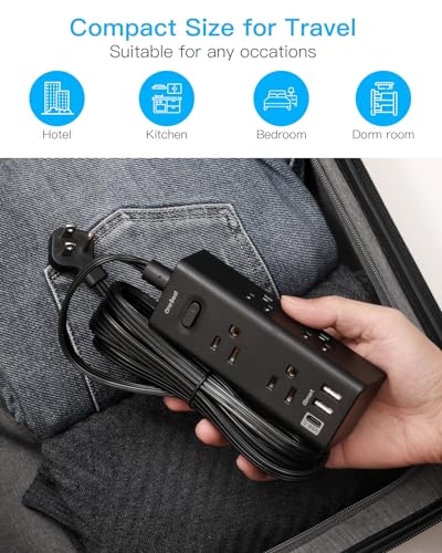 10Ft Extension Cord with Multiple Outlets, Flat Plug Power Strip Surge Protector with 10 Ft Long Cord, 6 Outlet 3 USB Ports (1 USB C), Multi Outlet Wall Plug for Travel, Dorm Room Essentials-Black - 8